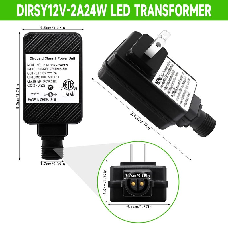 Dirduaid LED Transformer 12V 2A Inflatable Adapter Replacement Class 2 Power Unit, IP44 Low Voltage Transformer US Plug for String Light, Inflatable Decoration (12V24W) - Image 3